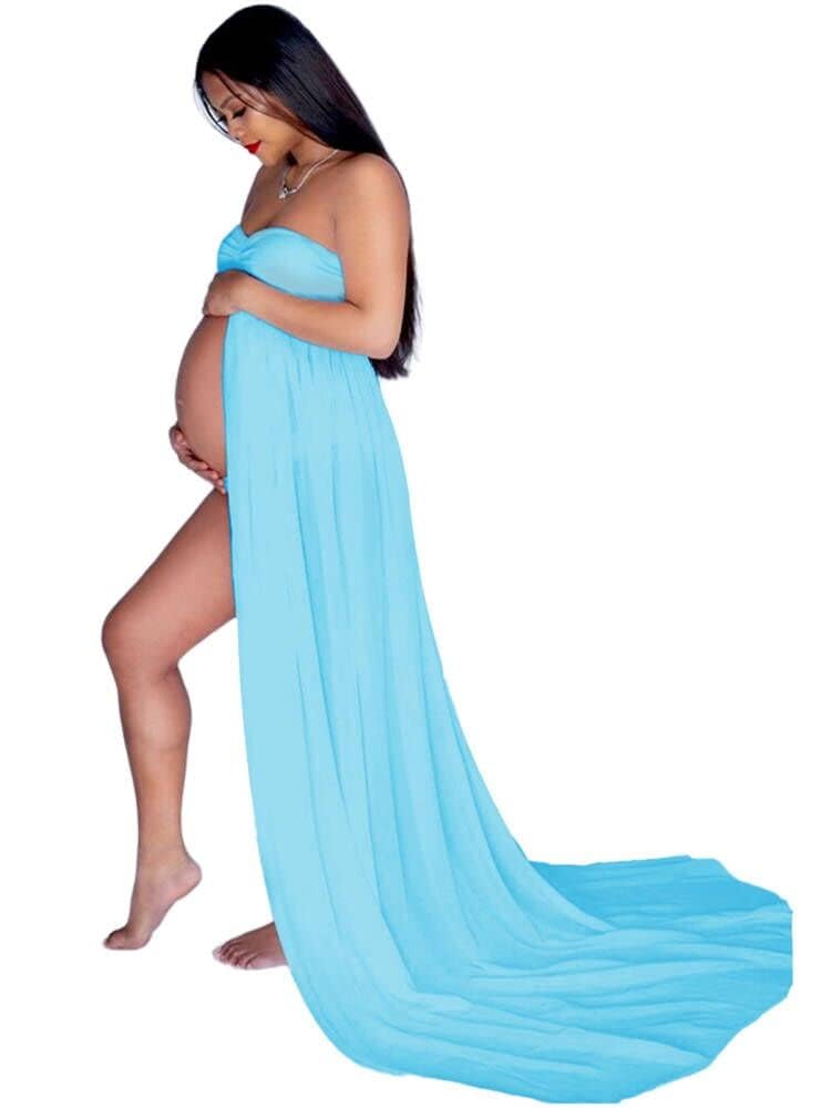 YnimioAOX Women's Off Shoulder Strapless Sweetheart Maternity Dress for Photography Split Front Chiffon Gown for Photoshoot,Sky Blue - Image 1